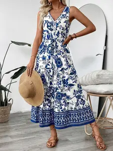 Vacation Style Long Dress V-Neck Sleeveless Blue and Porcelain Print, Button Colorblock Floral Print Long Dress, Elegant Summer