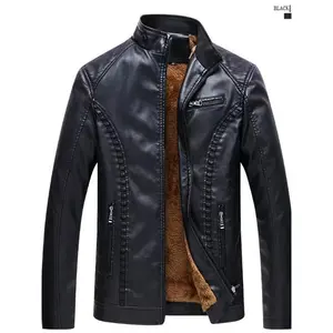 Men’s winter thickened PU waterproof and windproof slim-fit motorcycle jacket with a stand collar and three-dimensional tailoring—stylish and versatile warm outerwear.
