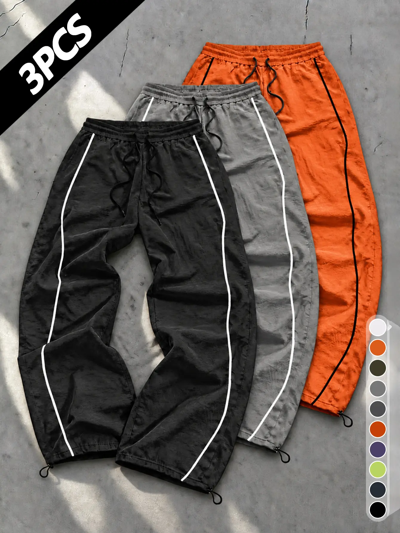 ：3Pcs Men Side Double White Line Wind Pants Jacquard Fabric Drawstring Waist Adjustable Hem Loose Wide Leg Street Trousers