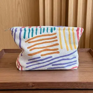 Colorful Striped Corduroy Cosmetic Bag - Large Capacity Travel Toiletry Pouch & Makeup Organizer for Women, Aesthetic Pastel Accessories Bag