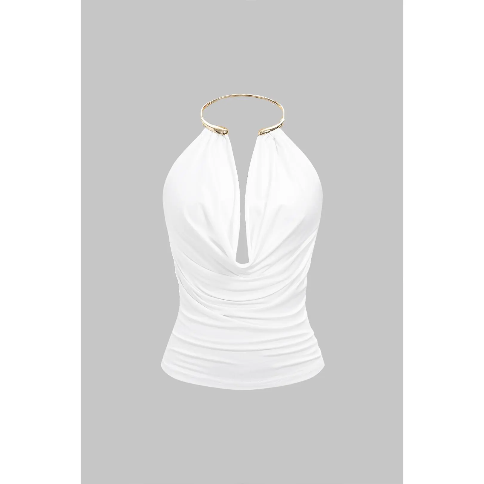 Draped Cowl Halter Neck Metallic Backless Tank Top
