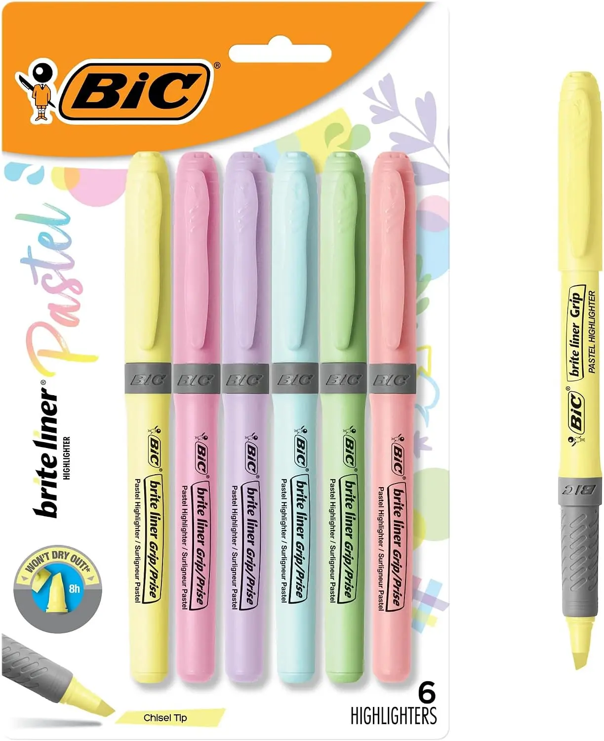 BIC Brite Liner Grip Pastel Highlighter Set, Chisel Tip, 6-Count Pack | Assorted Pastel Colors, Ideal for Bullet Journaling and Note Taking | Soft Comfort Grip for Easy Use