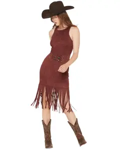 Rock & Roll Denim Women's And Faux Suede Fringe Belted Sleeveless Midi Dress - Bwd0r07779-Wn