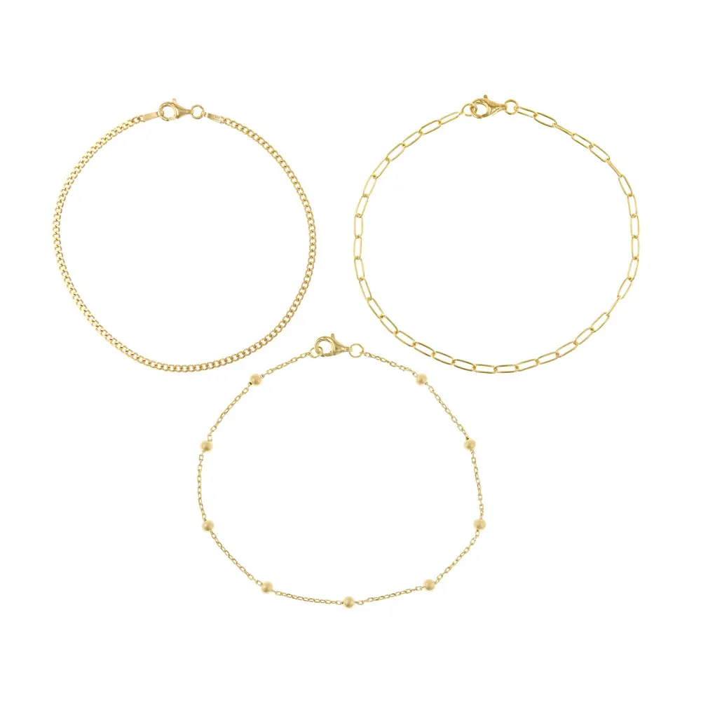 JTV 18k Yellow Gold Over Sterling Silver 2mm Cable, 2.5mm Paperclip and 3mm Bead Bracelet Set of 3