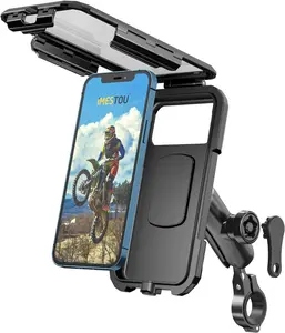 Anti-Theft Waterproof Motorcycle Phone Holder Bike Phone Mount 1" Ball Handlebar Stem Mobile Holder with Double Socket Arms 720° Rotation Aluminium Base for 5.5"-6.8" Cellphones (L)