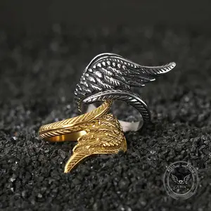 GTHIC Vintage Feather Guardian Wings Stainless Steel Ring Fashion Accessories for Men and Women Daily Wear
