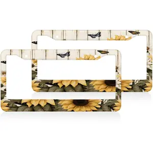 Sunflower Flowers Plant Pattern License Plate Frame - 2 Pcs Universal Accessories Cars Decor with 2 Holes and Screws Fits Us Standard License Plates 12.2x6.3 Inch ﻿