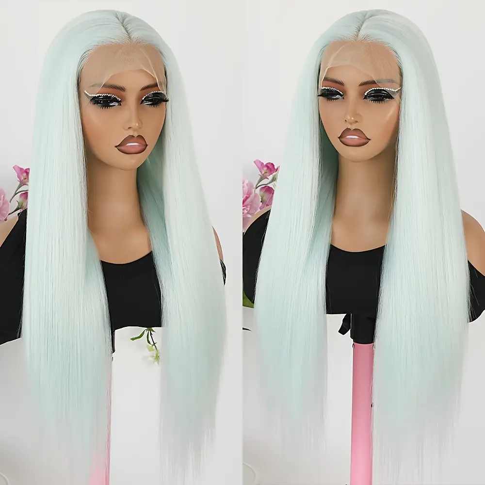 Lace Front Wig for Women, 26-Inch Light Green Long Straight Synthetic Hair with 13x4 Free Parting, Glueless and Heat Resistant for Daily & Party Use, Female
