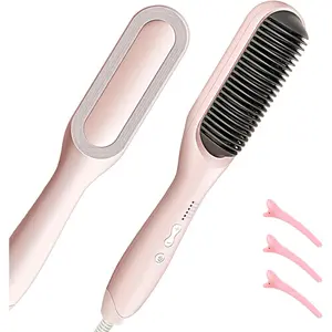 Hair Straightener Brush for Women 4 Adjustable Temp Settings , Even Heating Dual Voltage , Anti -Scald Handle Auto-Shut Off Straightening Comb Pink