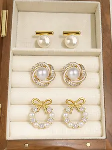 3pairs Women's Fashion Pearl Earrings Set, Elegant Water Drill Bow Design, Pearl Bowknot Decorated, Bohemian Style Jewelry for Daily Wear & Dates