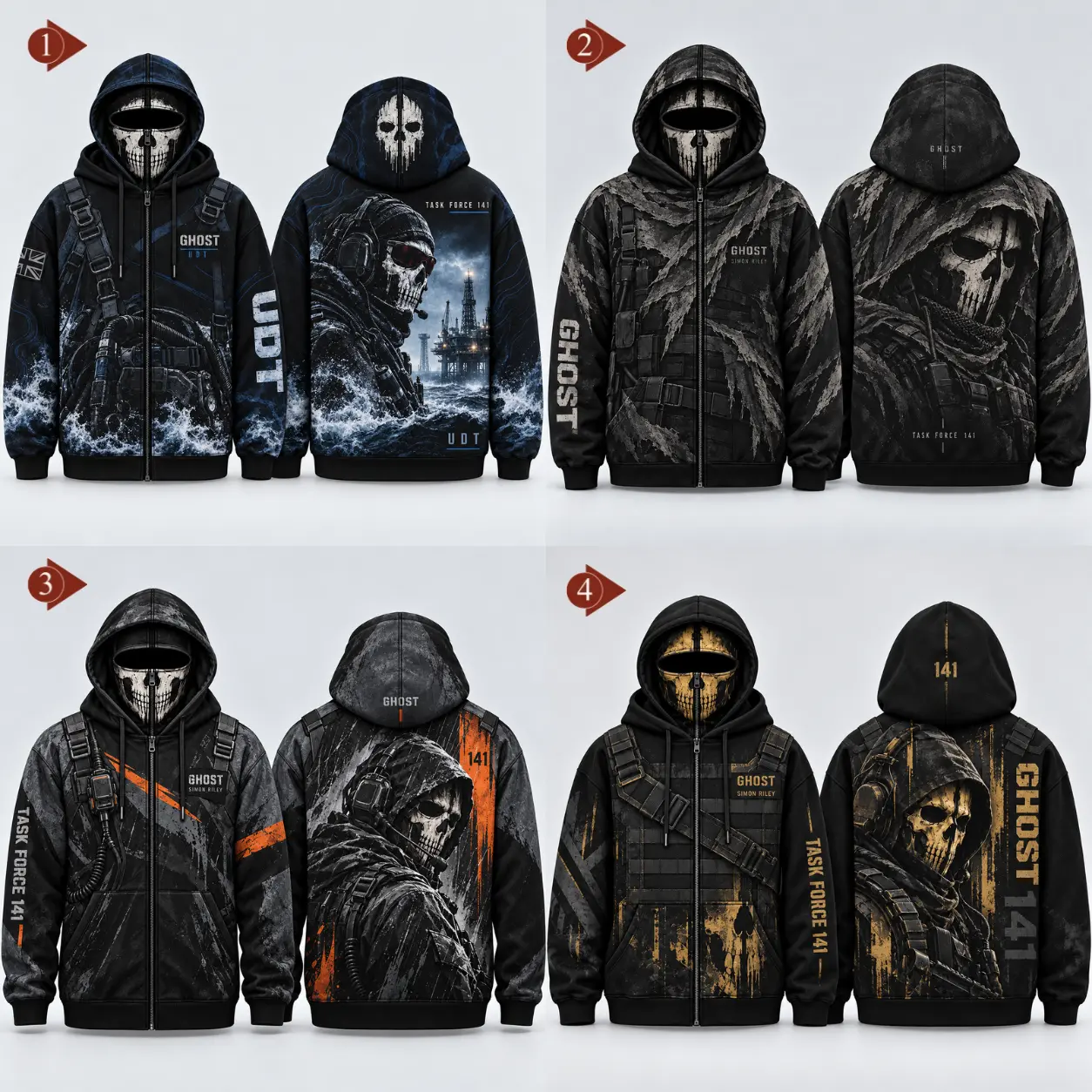 Call of Duty Ghost Mens Full-Zip Balaclava Hoodie, Simon Riley Built-In Skull Mask Jacket, Task Force 141 Tactical Vest All-Over Print Sweatshirt, Gamer Gift