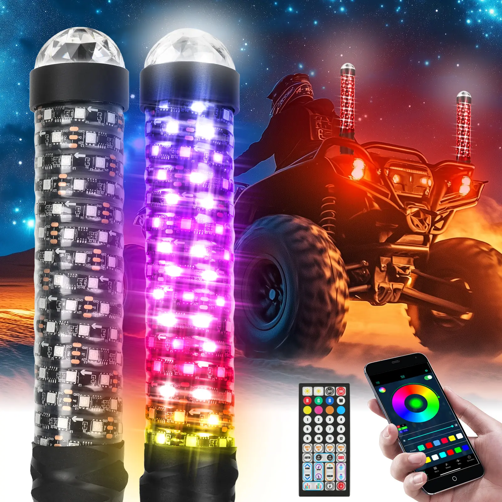 DREAMIZER 2PCS 1FT Fat Whip Lights New Upgraded Spiral LED Whip Light with Strobe Light RGB Chasing Dancing Lighted Antenna Whips W APP Remote Control for ATV UTV Can Am X3 Polaris