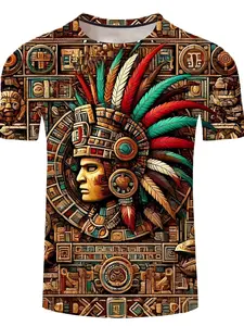 Men's Casual Short Sleeve Round Neck Ethnic T-Shirt, Summer Outdoor Wear, Fitted Long Clothing, All Seasons Men's Apparel