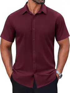 Men's Short Sleeve Dress Shirts Stretch Wrinkle Free Untucked Casual Button Down Shirt