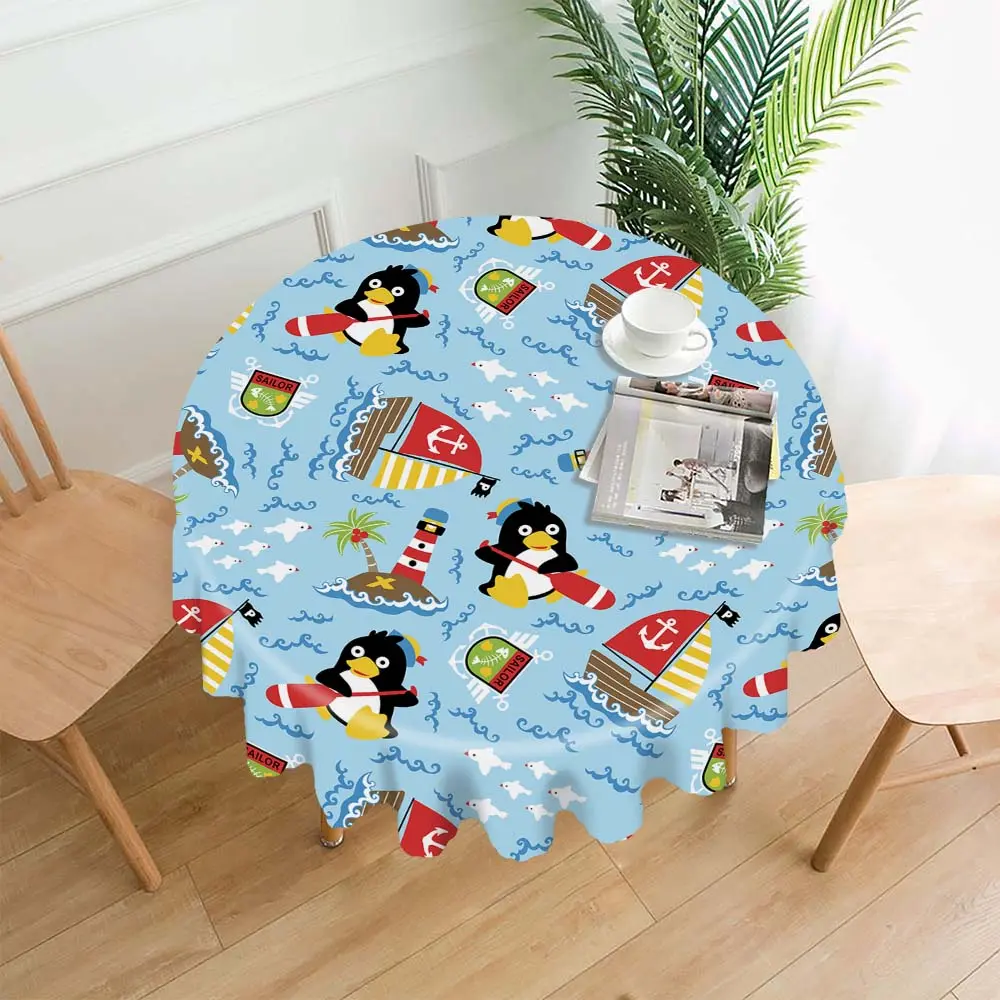 Personalized Custom Round Tablecloth 59.84 Inch, Cute Nautical Penguin Sailor Boat Lighthouse Print Spill Proof 120g Polyester Circular Table Cover, Custom Photo Text Kids Ocean Themed Table Cloth for Indoor Outdoor Dining Party Decor