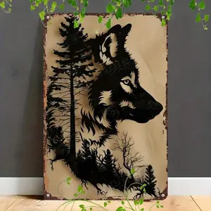 1pc Iron Wolf Silhouette Wall Decor - 30cm X 20cm Carved Forest & Animal Scene Metal Art, Weather-Resistant Indoor/Outdoor Decoration With Pre-Drilled Holes, Rustic Bedroom Wall Art, Wolf & Pine Tree Design, Fine Craftsmanship Ornaments Artistic
