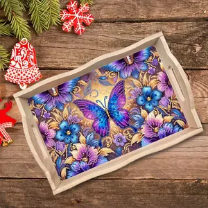 DIY Diamond Painting Kit Tray Butterfly & Flower Design, Wooden Decorative Serving Tray for Food Drinks, Perfect Gift for Family Friends, Handmade Gifts