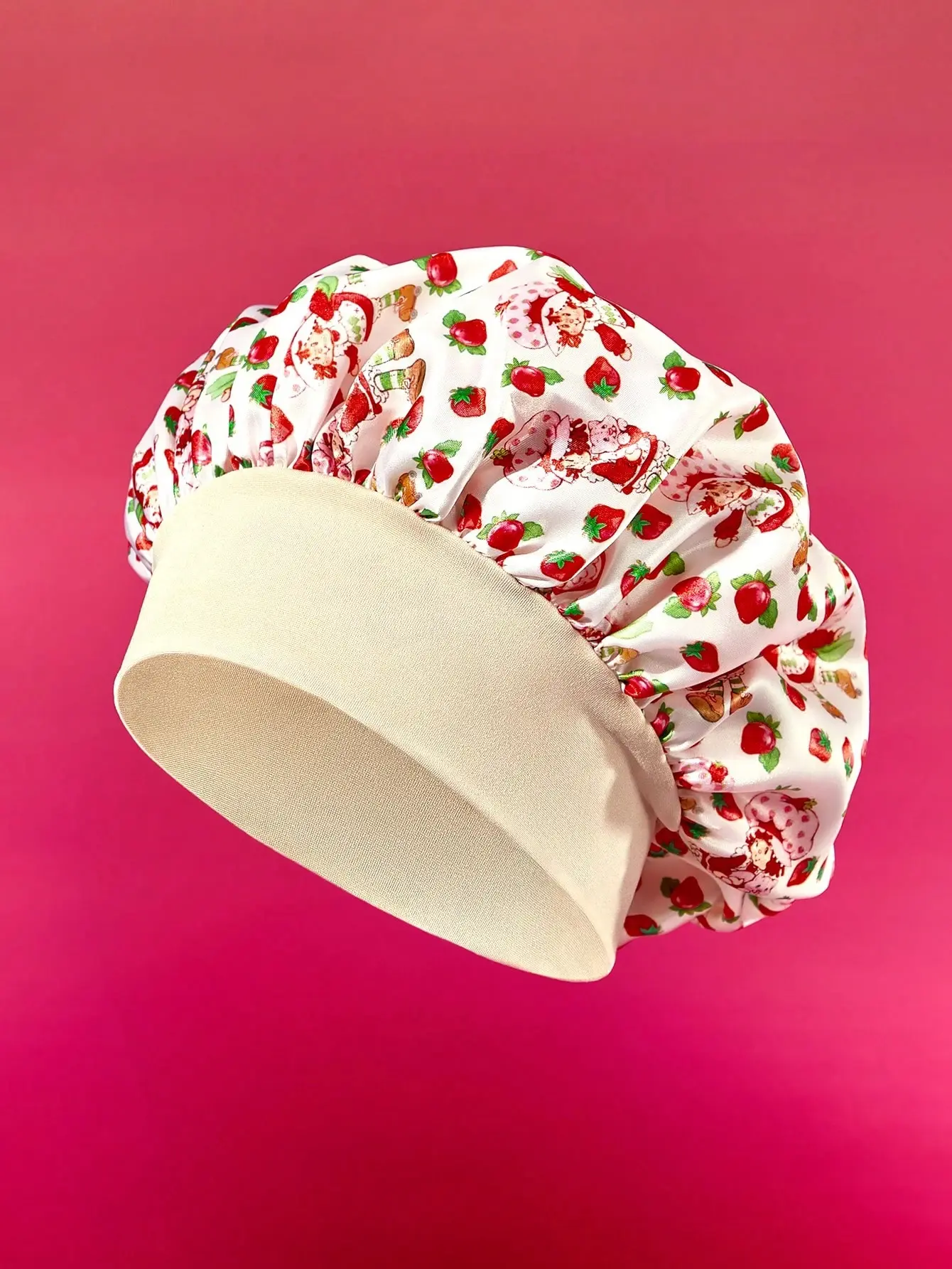 Strawberry Shortcake Women's Light Beige Upgraded Double-Layer Satin Haircare Cap, Wide Elastic Print Heatless Sleep Cap, Soft Comfortable for Your Daily Home & Sleeping Use, Cartoon Shower Caps