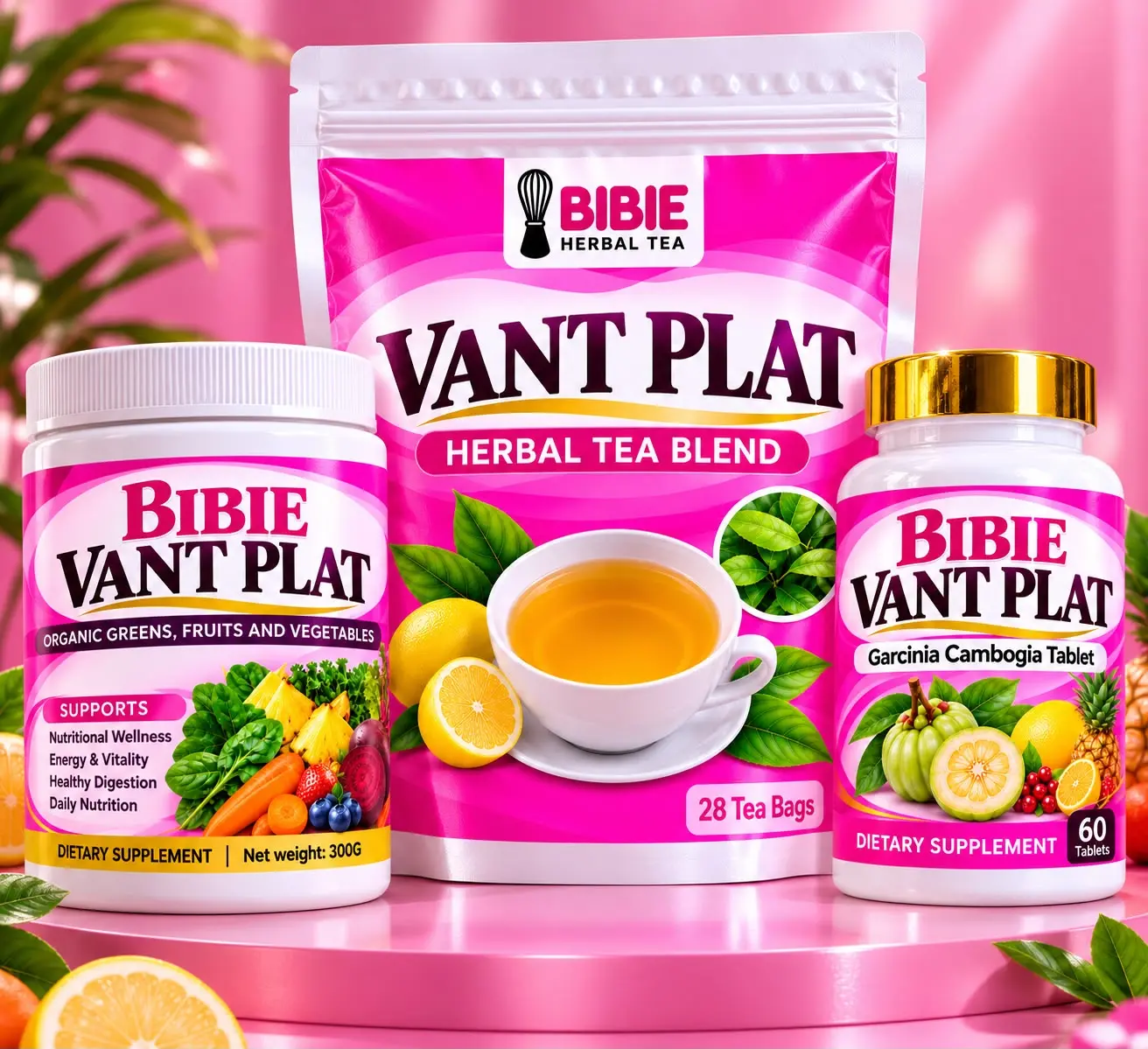 BIBIE VANT PLAT 3-Piece Set, Herbal Tea, Greens Powder & Garcinia Cambogia Tablets