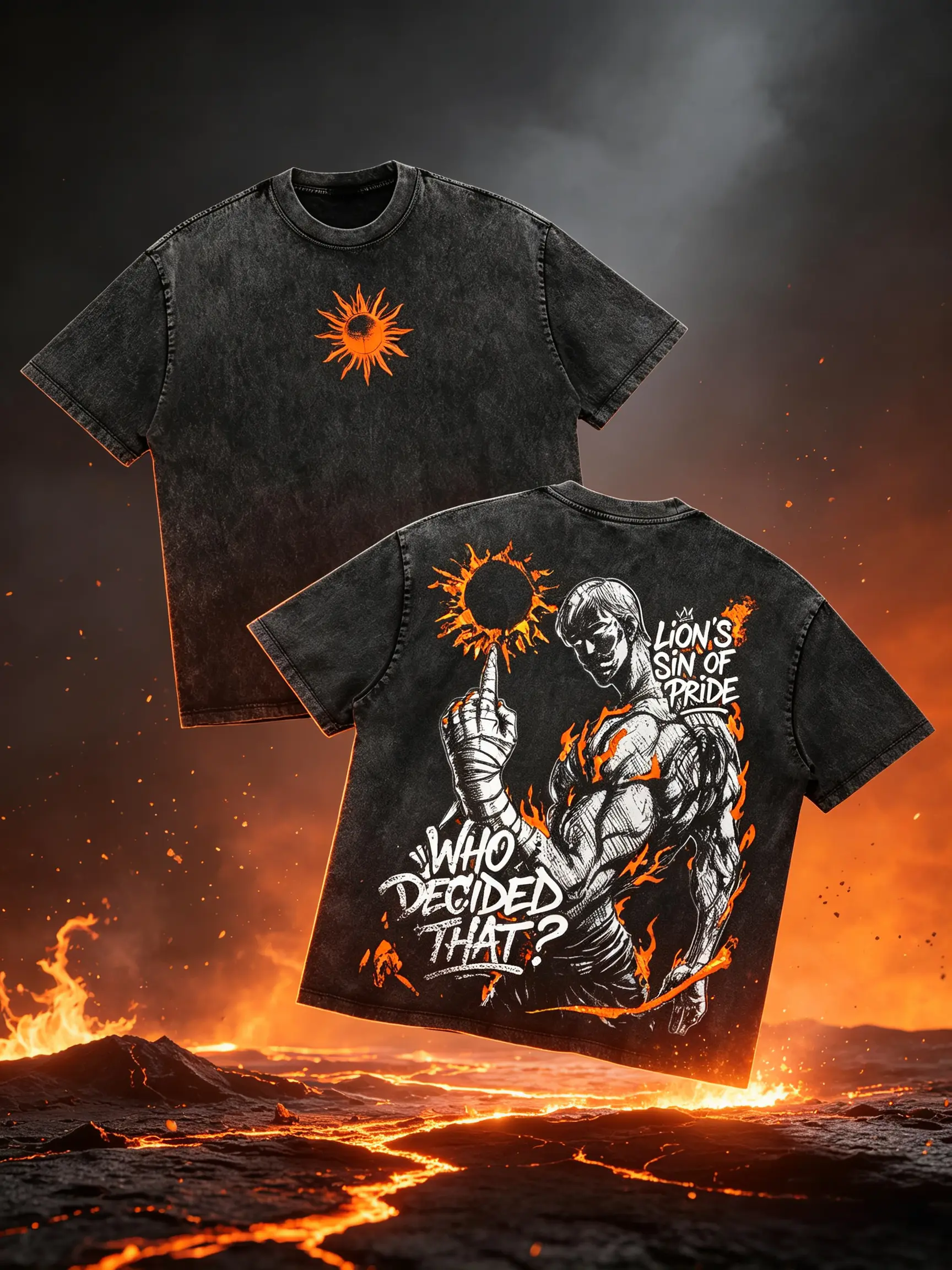 Men's 7 Deadly Sins Escanor Lion's Sin Of Pride Vintage Acid Wash Oversized T-Shirt - Front Sun Symbol Logo, Back Sun Flame Graphic, Distressed Black, Soft Cotton, Unisex Round Neck Short-Sleeve Top, Ideal Menswear Gift For 7DS Manga Fans