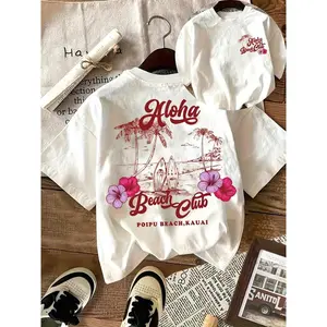 Aloha Beach Club Tropical Surf Graphic Tee Women Oversized Casual Short Sleeve Crewneck Soft Cotton Summer Vacation Beach Outfit Hawaii Vibes