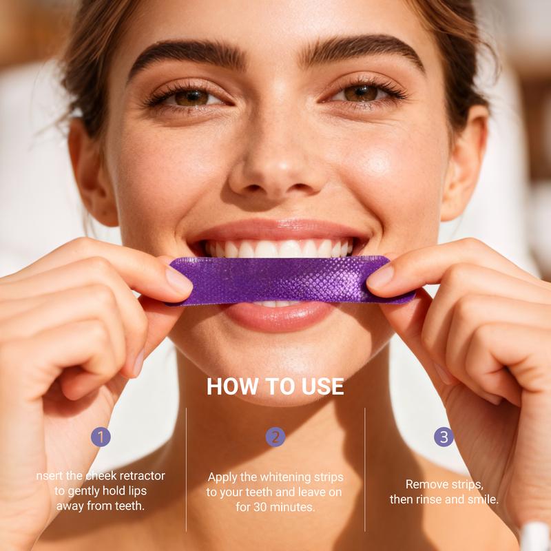 【CEELIKE】 Purple Teeth Whitening Strips  With Free Cheek Retractor - 7/21 Whitening Sessions -Nano-Hydroxyapatite Safe for Enamel - Non Sensitive Teeth Whitening - Peroxide-Free