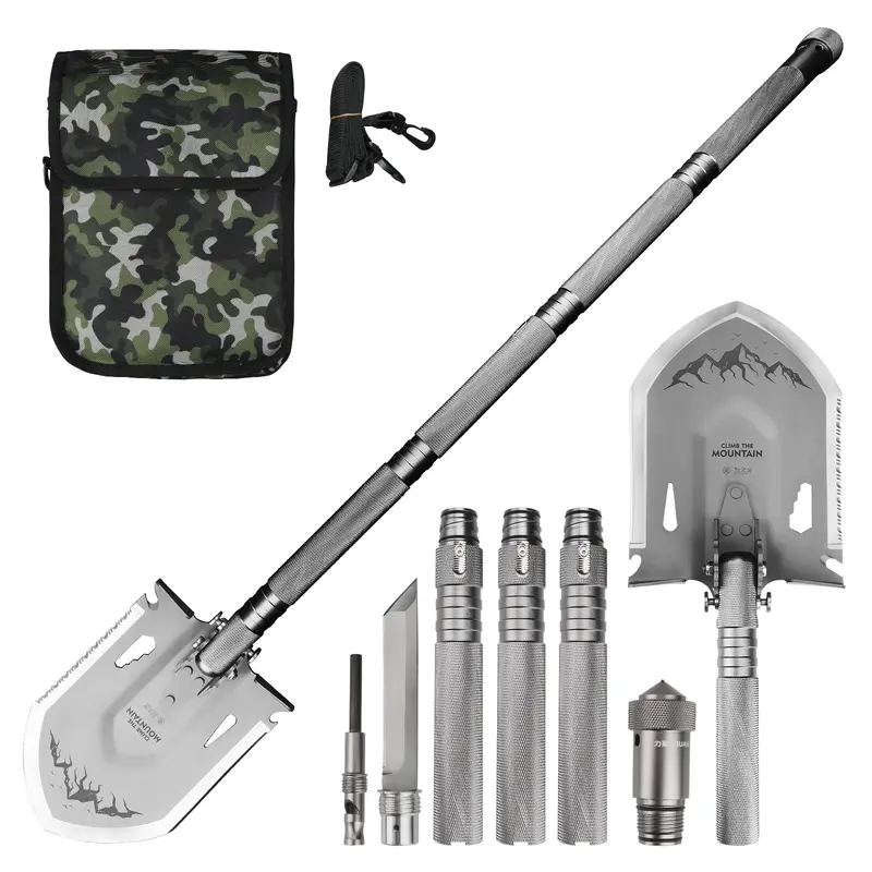 xhandle MT-20 Aluminum 13-in-1 Compact Durable Emergency Mini Metal Blade Multi-Tool Shovel - 1-Click Shovel-Pick Switch, Quick-Assembly Handle, Saw, Axe, Rope Cutter, Bottle Opener, Hex Wrench, Whistle, Glass Breaker for Camping, Off-Road Use, Compact Mu