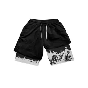 Men's Punk Skeleton Print 2 in 1 Drawstring Waist Track Shorts, Regular Fit Casual Comfy Breathable Summer Bottoms, Men's Clothes for Gym Workout Running, Going Out ClothingGift