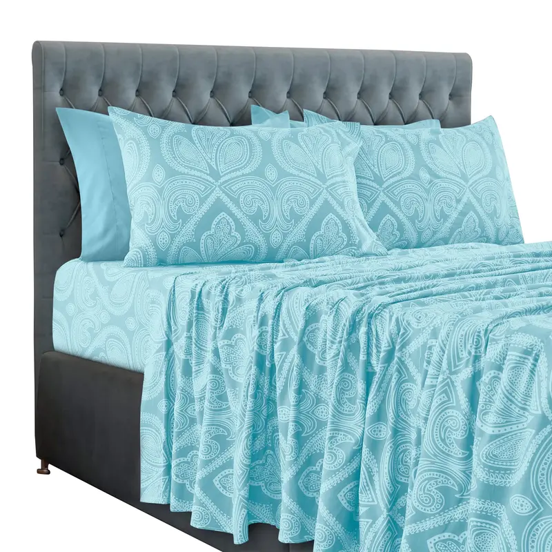 LUX DECOR 6-Pc Paisley & Solid Embroidered Bed Set- King Bed Sheet & Pillowcases - Upto 16" Deep Pocket Hotel Luxury Cozy Polyester Queen Sheets- Decorative Bedsheet Sets-Breathable Durable Sheets