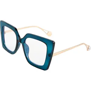 Oversized Square Blue Light Blocking Glasses, Relieve Eye Strain & Glare, Pearl Inlay Arms, Cat Eye Fashion Eyewear