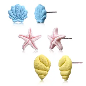Adorable Marine Creature Clay Stud Pack Earrings Starfish Seashells and Conch Polymer Clay and Stainless Steel