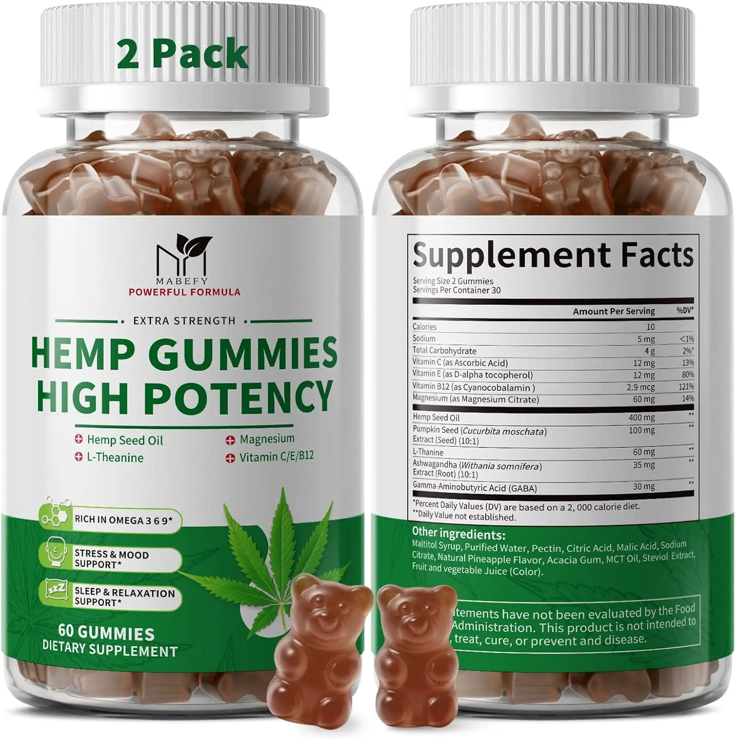 2 Pack Hemp Sleep Gummies - Healthcare Dietary Supplement for Stress & Relaxation, High Potency with Magnesium, Vitamins, Pumpkin Seed, Ashwagandha, GABA, L-Theanine, Vegan Pineapple Flavor, 120 Bears
