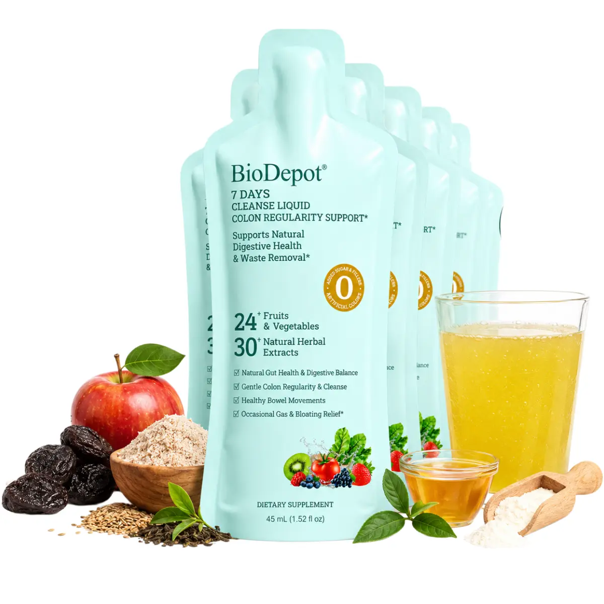 BioDepot Herbal Liquid Gut Reset Dietary Supplement - Daily Nourishing Gut Support, Prop 65 Safe Dietary Fiber Herbal Supplement with Psyllium Husk Powder, Vitamins, Herbs, 24+ Fruits/Vegetables, 30+ Extracts for Digestive Comfort, Fresh Breath