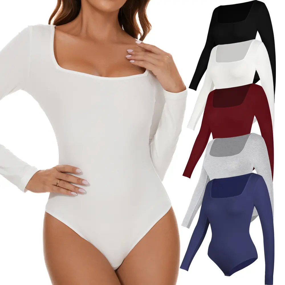 Women's Comfortable Long-Sleeve Solid Square Neck Bodysuit - Soft Viscose Spandex Fabric, Snap Closure for Easy Wear, Suitable for Cocktail Occasions, Casual Bodysuit, Longsleeves, Fashion