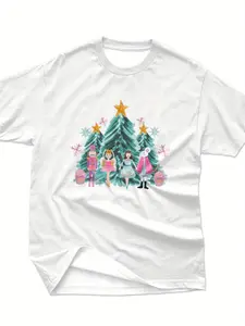 Girls' Christmas Nutcracker Print T-Shirt - Casual Crew Neck, Short Sleeve, Pure Cotton Top with Festive Design, Perfect for Spring, Summer &amp; Autumn Outdoor Activities, girls christmas gift, christmas outfit
