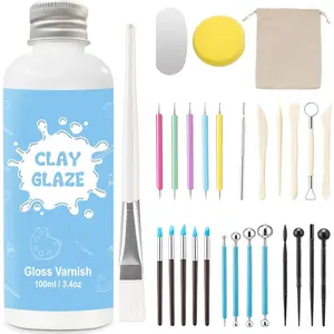 100ml Air Dry Clay  and 29 count Clay tools kit, Gloss Clay Varnish Protects Clay from Surface Wear, Pottery Tools Can be  for Stippling, Carving, Molding, and Shaping Clay Crafts(Gloss)