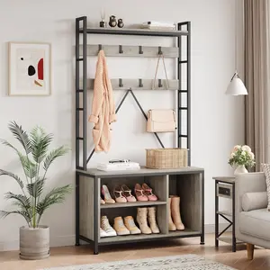 GAOMON Hall Tree with Bench,Industrial Coat Rack Shoe Storage Entryway Organizer with Storage Cubbies for Entryway Mudroom Foyer Shoe Bench Coat Stand 36.4 * 13.77 * 69.88 Inch Grey