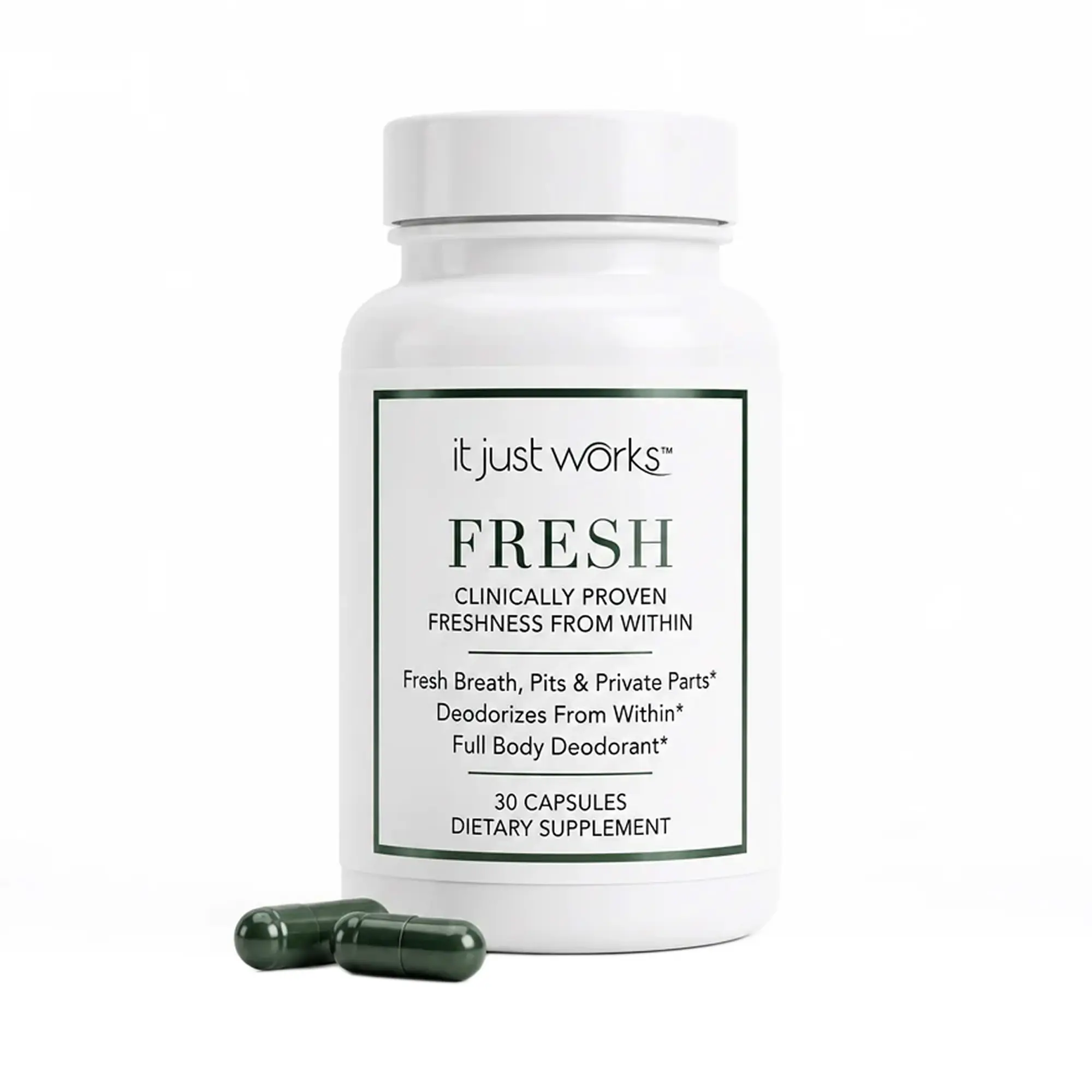 IT JUST WORKS Fresh-Deodorizing Supplement | Vegan Organic Chlorophyll, Mint, Parsley - Nontoxic, Antioxidant-Rich, Detoxifying, 30ct Capsules for Adults' Underarm Care, Fresher Breath Support