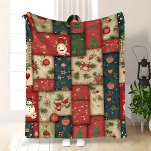 Cozy Vintage Christmas Blanket - Heavyweight 280gsm Soft Flannel Plush Throw with Snowman, Snowflake & Holly Tree Print in Red/Green/Golden - All-Season Couch Bed Car Office Use - Durable Indoor/Outdoor Holiday Gift for Family & Pets - Machine Washa