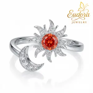 Eudora S925 Silver Sun and Moon Ring for Women, Adjustable Open Wrap Celestial Jewelry,  Orange CZ Thumb Band, Boho Friendship Gifts for Her
