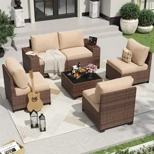【2 Packages Shipping】Aoxun 6 Pieces Patio Furniture Set Wicker Rattan Outdoor Sectional Conversation Set with Coffee Table and 4” Thickened Cushions, Beige (Waterproof Cover Included)