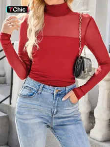 Women's Casual Solid Color Sheer Mesh Patchwork High Neck Long Sleeve T-Shirt, Comfortable and Stylish Top for Daily Wear