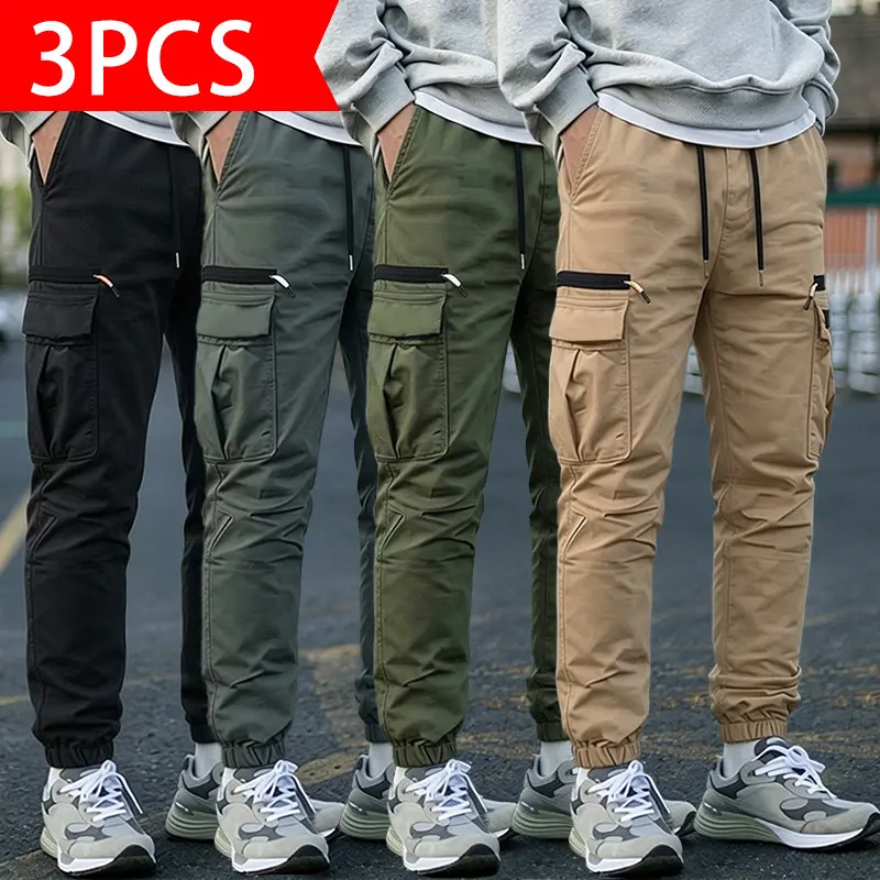 3-pack men’s cargo jogger casual pants, wear-resistant fabric, elastic drawstring waistband, side zippered cargo pockets, cuffed pant legs, versatile multi-color workwear pants for outdoor commuting