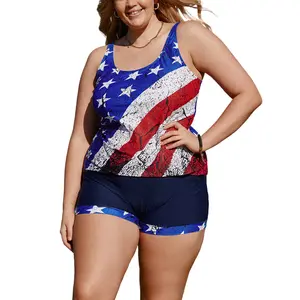 Blue Multicolor Multicolor American Flag Print Tankini Plus Size Swimwear