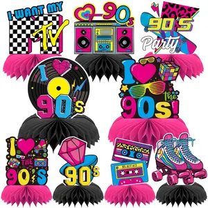 9 Sets Disco 3D Honeycomb Party Centerpieces, Retro 90s Style Decorations, Neon Night Birthday Props, Desktop Paper Ornaments