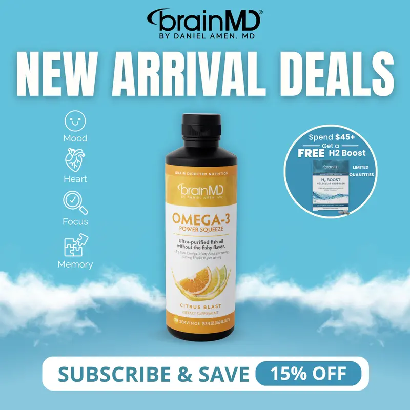 Omega-3 Power Squeeze | BrainMD | 15.2 fl oz / 30 Servings | Brain, Mood & Memory Support | Heart & Joint Health | Liquid EPA & DHA Fish Oil | Citrus Blast