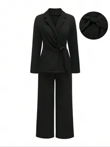 Elegant Chic Long Woven Blazer Set for Women, Plus Size Business Suit with Tie Belt, Slimming High Waist Fitted Long Sleeve Jacket & Pants, Office Wear