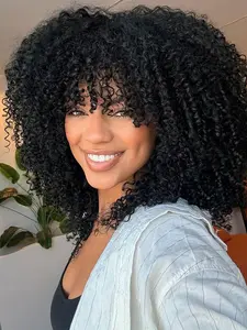 Afro Curly Wig with Bangs 14 Inch Short Black Kinky Curly Wigs for Women, Synthetic Curly Wigs, Shake and Go Wigs for Daily and Party Use