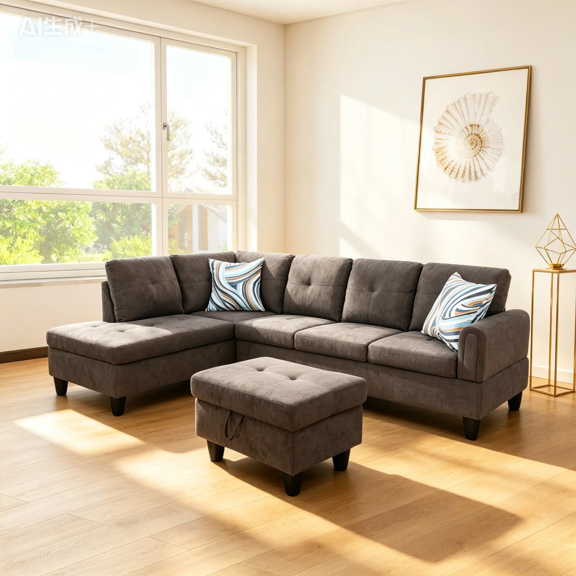 3-Pieces Modern Farmhouse L Shaped Couch - Warm Dark Brown Fluffy Plush Sectional Sofa Combo with Tufted Chaise Lounge, Skin-Friendly Upholstery, Multi-Functional Storage Stool for Basement, Rental Home