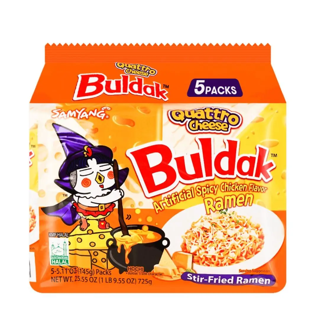 Samyang Buldak Quattro Cheese Spicy Instant Noodle, 5-Pack Hot Chicken Flavor Ramen for Food Mukbangs, Pantry Food Buldak Noodles